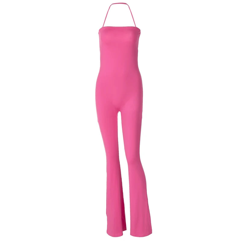 Hugcitar 2025 Spring Halter Solid Sleeveless Backless Sexy Bodycon Flare Pants Jumpsuit Women Casual Rompers Streetwear Festival