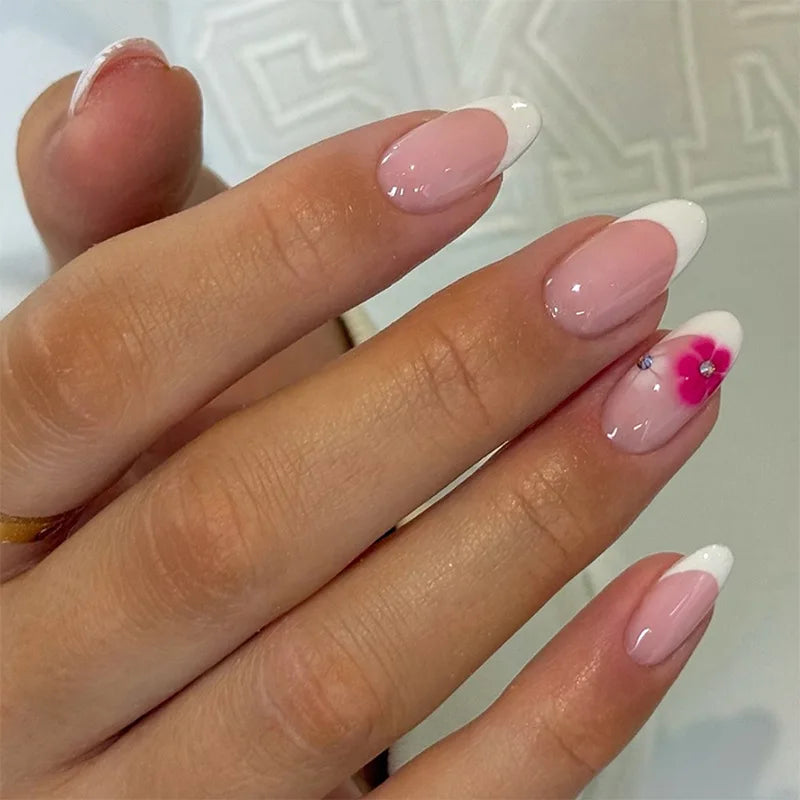 White French Press on Nails 3D Bowknot Fake Nails Tips Full Cover Wearable False Nails for Women and Girls DIY 24Pcs