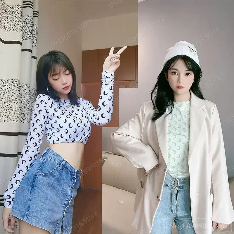 Moon Printed Tshirt Graphic Top for Women Stretchy Slim Korean Fall Spring Long Sleeve Tees Y2k Grunge T-Shirt 2000s Clothes