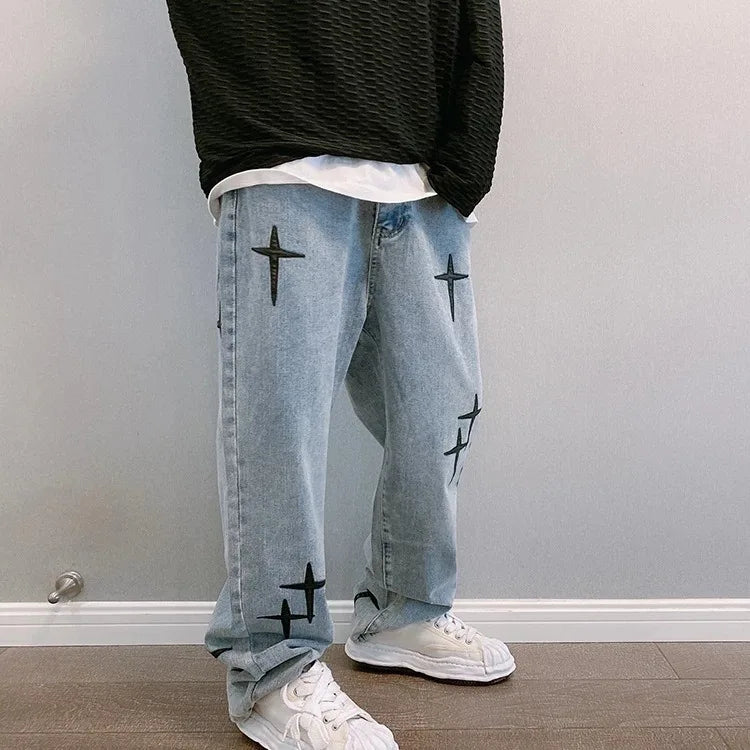 Boyfriend Vintage Fashion Straight Casual Loose Denim Cargo Pants Men Designer Prints Star denim pants Streetwear Loose Wide Leg Jeans