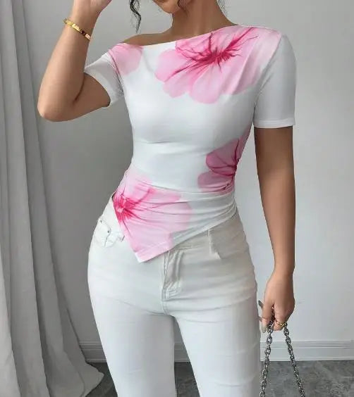Women's 2025 Summer New Style Slim-Fitting T-Shirt with Irregular Sloping Shoulder and Short Sleeve Top Shipped Within 48 Hours