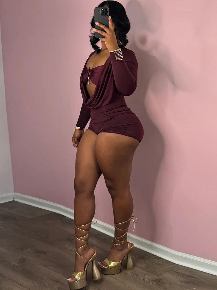 Swing Collar Romper & Metal Buckle Bra Set — Women's Party