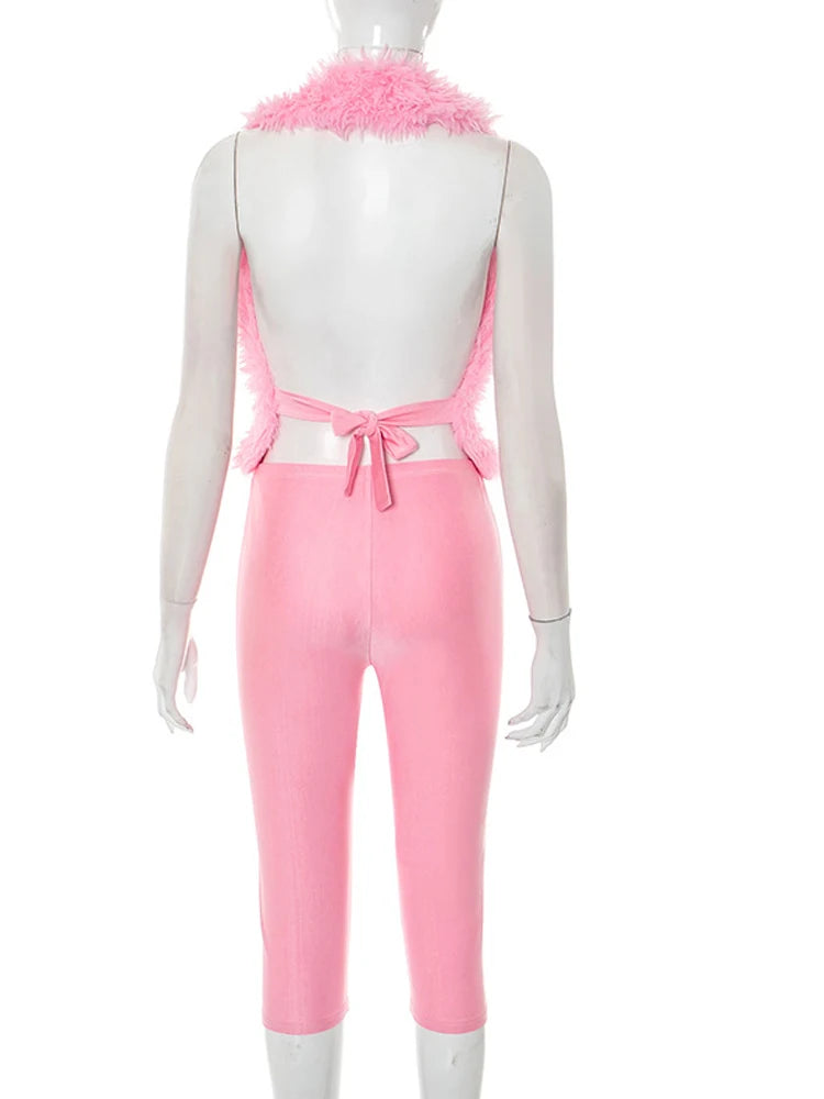 Kricesseen Cute Girls Furry Crop Top And Legging Suits Set Pink Outfits, Tie-Back Biker Shorts Set Night Clubwear Overalls
