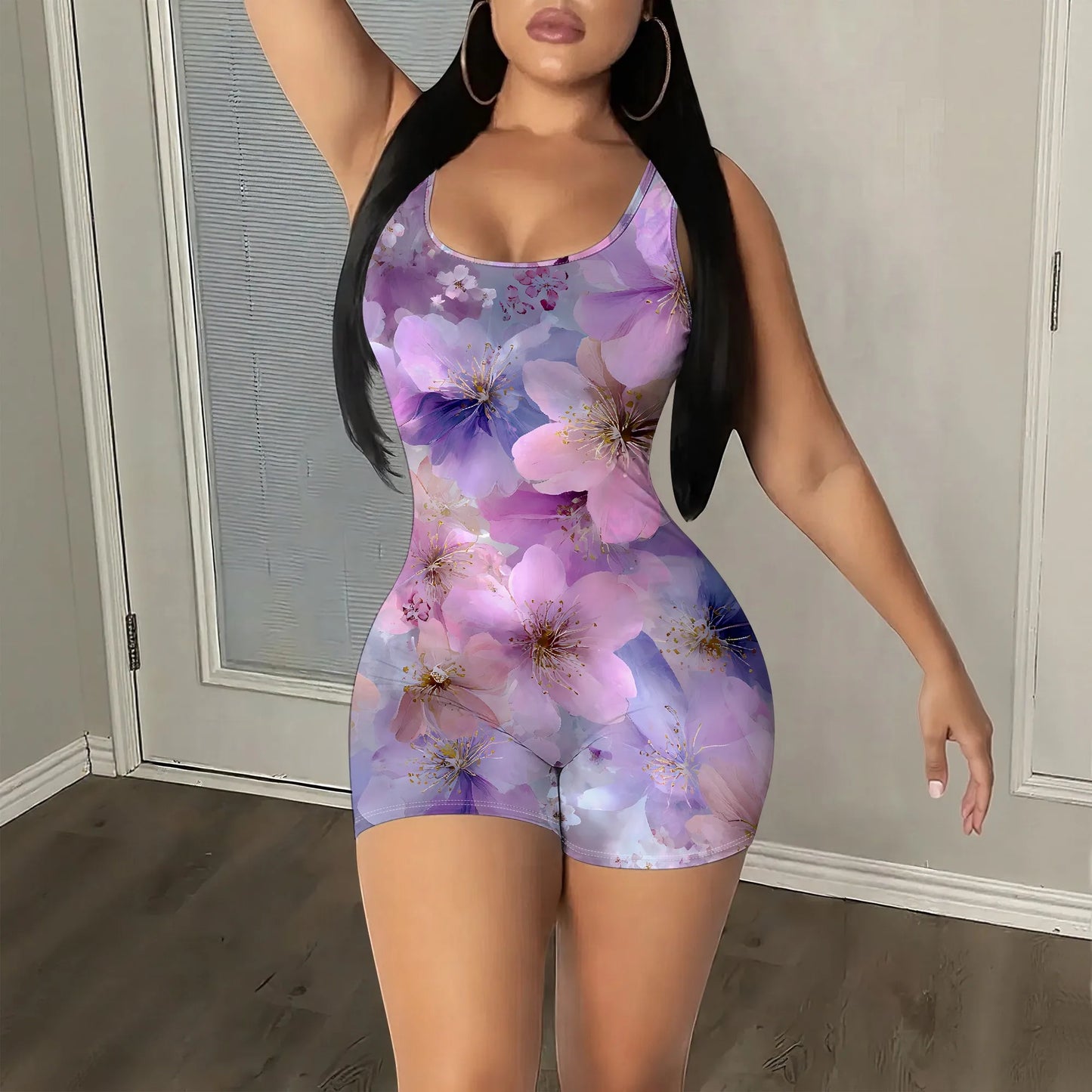 Floral Print Sleeveless Jumpsuit, Purple Pink Flower Pattern Romper, Summer Beach Party Bodysuit, Women's Casual Wear, S-2XL