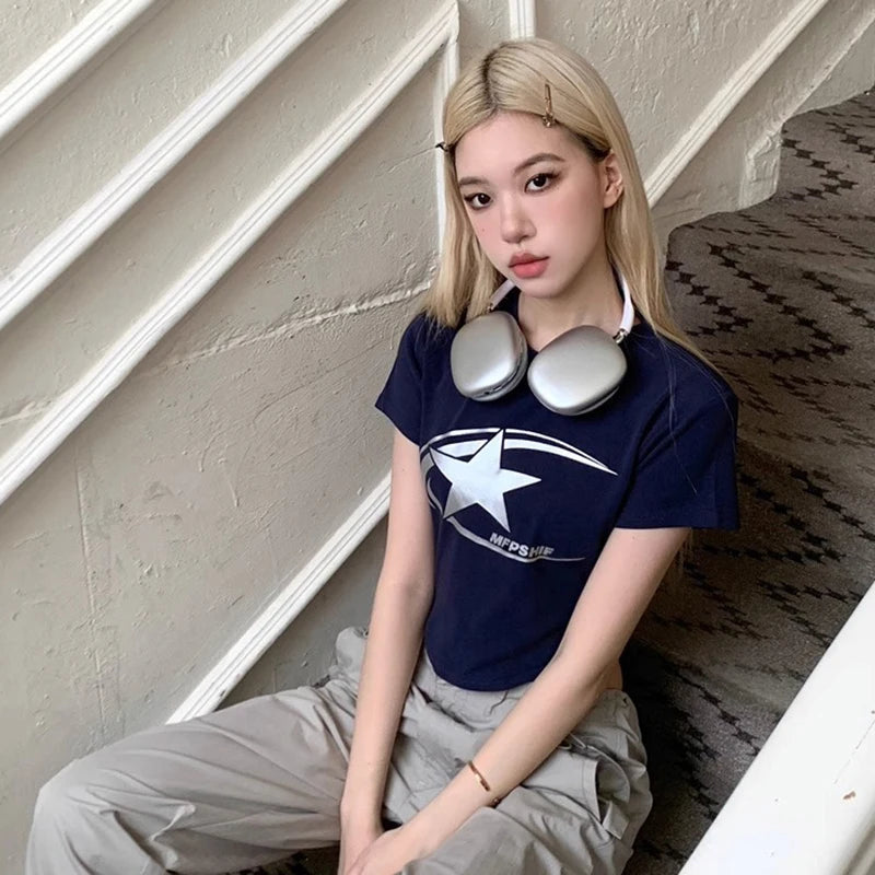 Women's Minimalist Star Print Y2K Gothic Harajuku Casual Pullover T-Shirt Retro Streetwear Top for Spring Summer