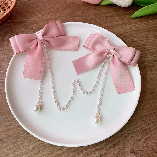 Sweet Princess Style Pink Pearls Chain Bow Hair Clip Women Children's Cute Back Head Hairpins Hair Clips Girls Hair Accessories