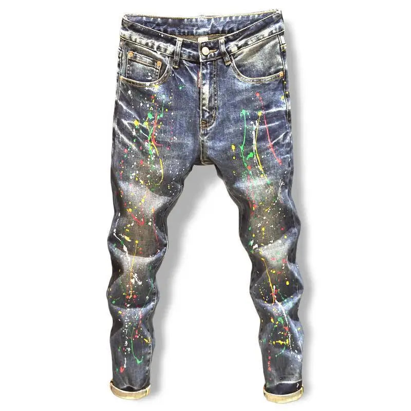 Spring Autumn Designer Clothes Men's Korean Stylish Slim Fit Jeans Fashion Trendy Painted Denim Pants Ink Stretch Skinny Pants