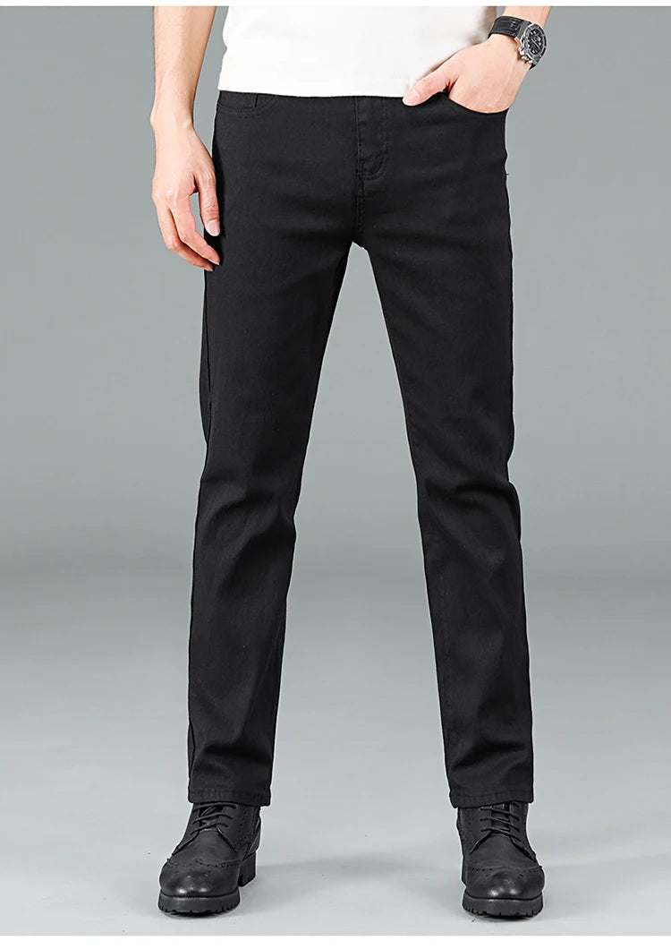 Men's pure black jeans Korean version trendy straight fit pants men's comfortable and elastic classic business denim