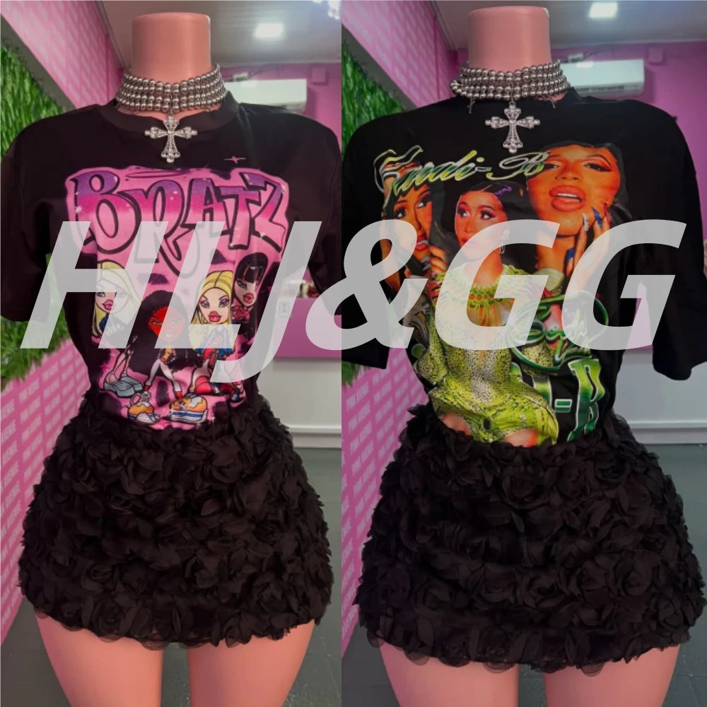 HLJ&GG Fashion Pattern Print Loose Tshirts Two Piece Sets Women O Neck Short Sleeve Top + Fur Mini Skirts Outfits Y2K Streetwear
