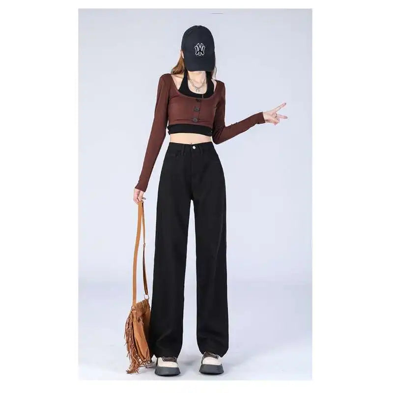 Ladies Vintage Wide Leg Jeans Girls High Waist Pants Female Fashion Black Black Grey Retro Blue Light Blue Pink  Trousers