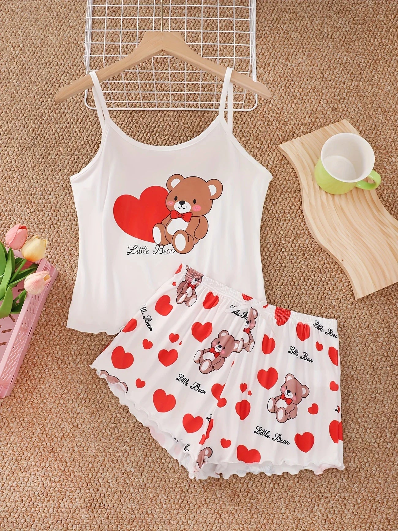 Summer Cute Love Bear Printed Pajamas Set for Women's Loungewear Crop Tops and Shorts Sleepwear Home Wear Clothes
