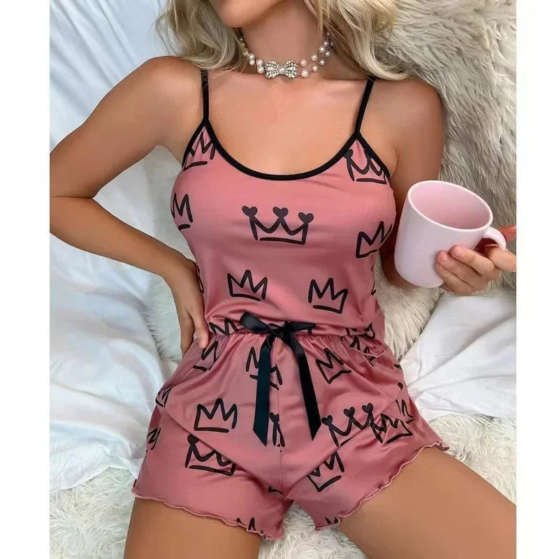 Sexy Summer Women's Sleepwear Two-Piece Set Strap Home Clothes Short Pants Casual Vest Home Comfortable Breathable Nightgown