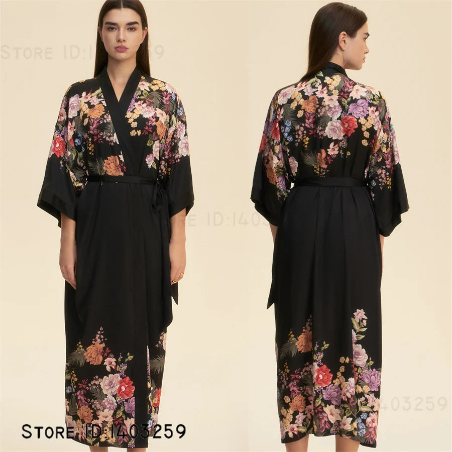 Plus Size Print Flower Long Robe Kimono Gown New Female Sleepwear Bathrobe Home Dress Loose Silky Satin Night Clothes Loungewear