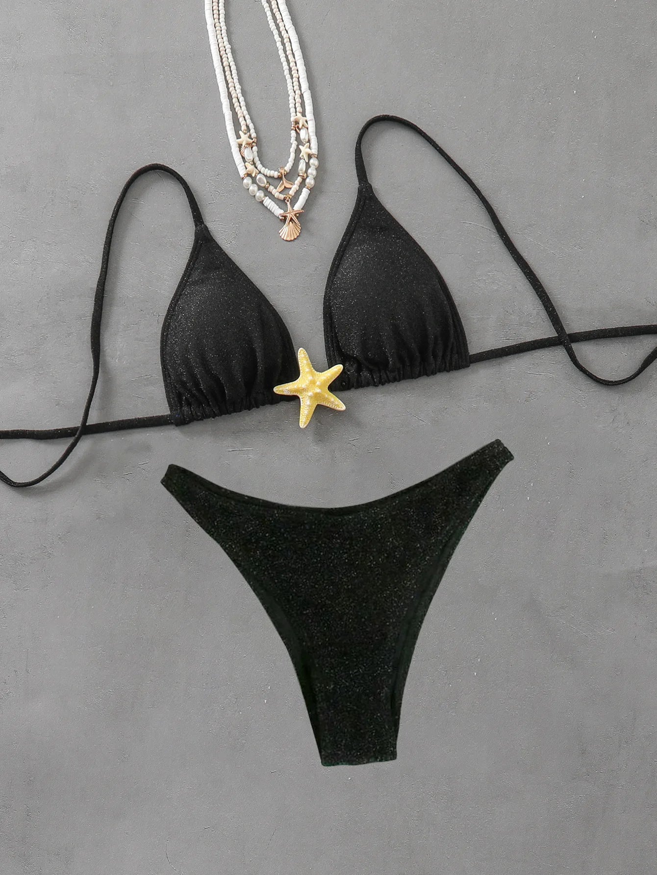 2026 New Sexy Halter Bikini Set Starfish Accessories Swimwear Women's Swimsuit Beachwear Black Green Lacing Up Bathing Suit