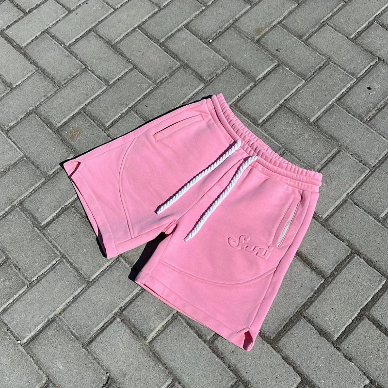 Y2K Harajuku Solid Shorts Man Letter Embossed Pink Sweatpants Hip Hop Retro Casual Stylish Comfortable Shorts Unisex Pants