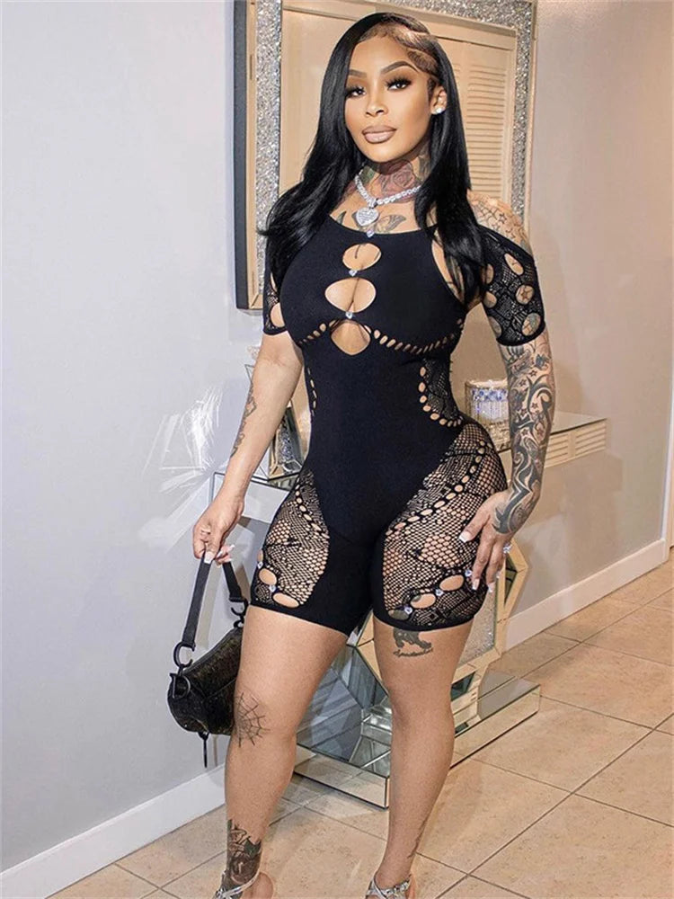 Club Outfits Sexy Jumpsuits for Women Short Sleeve Bodycon Rompers Jumpsuit Skinny Pink Mesh See Though One-piece Overalls 2024