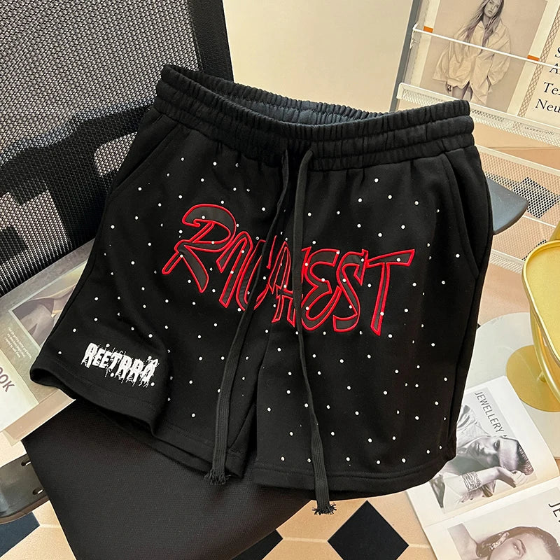 Diamond Patch Embroidered Letter Logo Casual Shorts Loose Drawstring Shortpants Jorts for Men Women