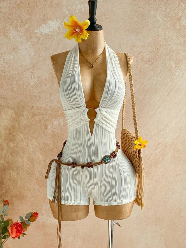 Women's Textured Knitted Bodysuit Orange Striped Circular Decoration Hanging Neck V Neck Jumpsuit Summer Holiday Crochet Romper