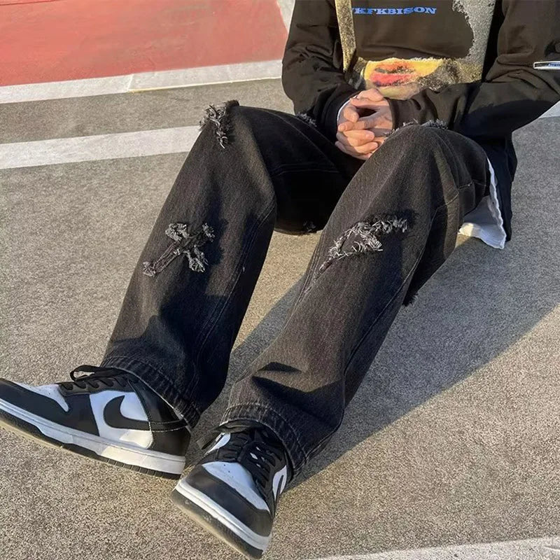 Straight Leg Denim Jeans Male New Fashion Casual Loose High Street Y2k Pants New Wide Leg Hip Hop Black Blue Pants