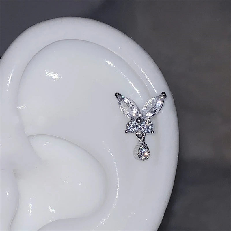 1pcs Silver Color Wing 316L Stainless Steel Ear Bone Nail for Women New Fashion Full of Rhinestone Earrings Accessories for Ear