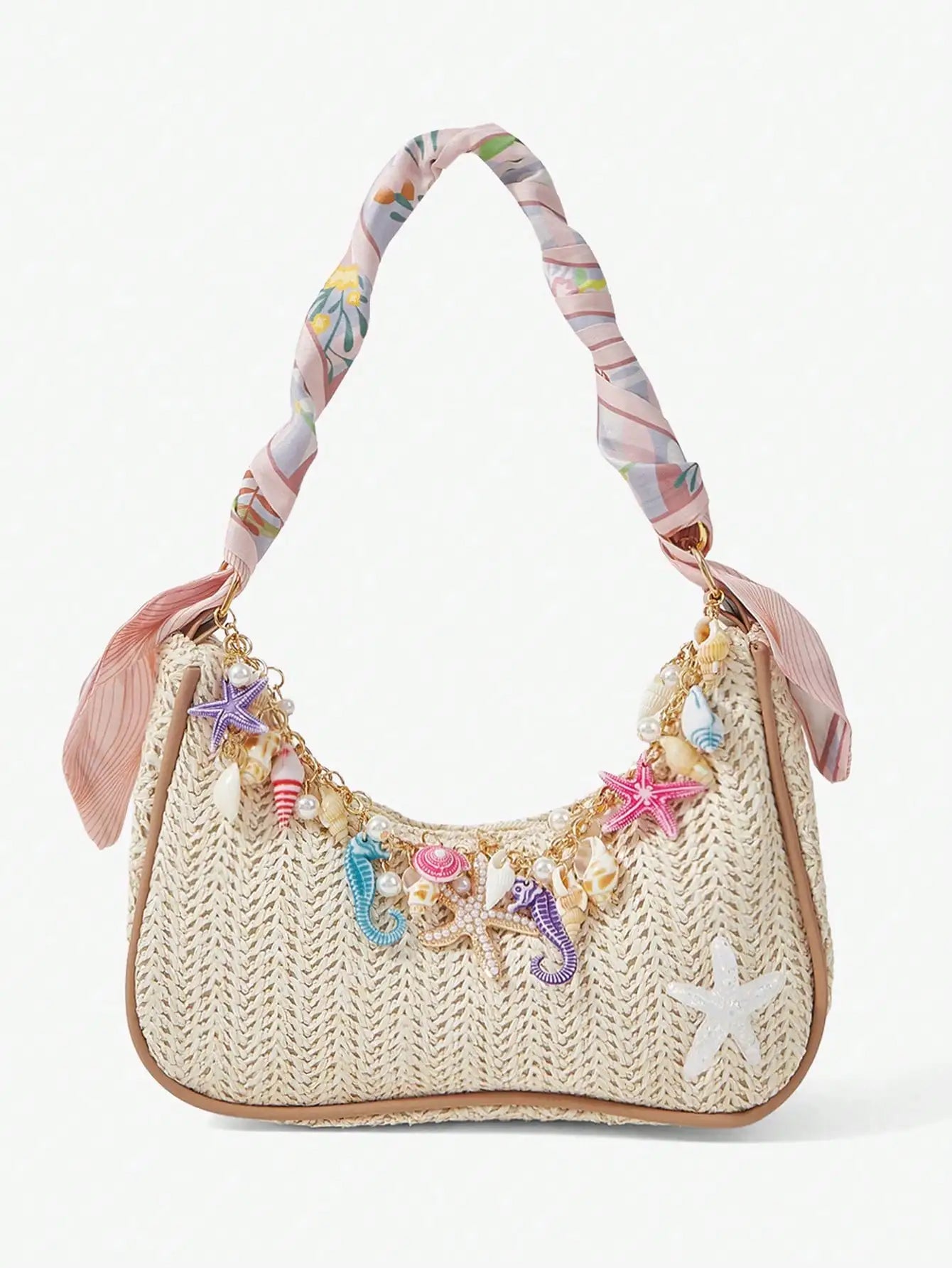 ROMWE Fairycore 1pc Summer Beach Starfish Series Shell & Seashell Woven Shoulder Hand Carry Bag