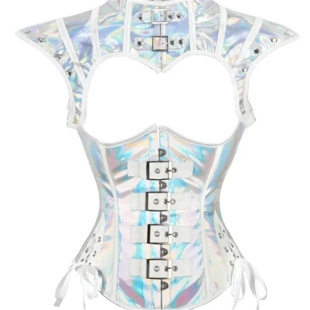 Faux Leather Corset Set Women's Steampunk Gothic Cosplay Game Armor Outfit Sexy Bustier Tops Nightclub Rave Costume