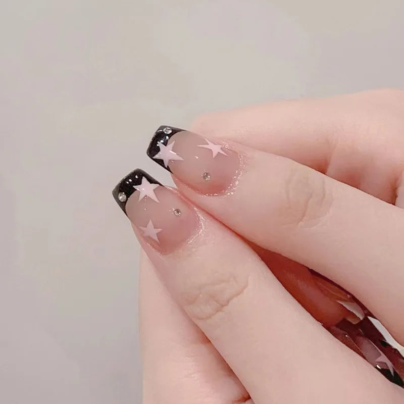 y2k Nails 24pcs Fake Nails Black Pink Color French Press Nail Tips with Five-pointed Star Pattern Artificial Nail Tips for Girls