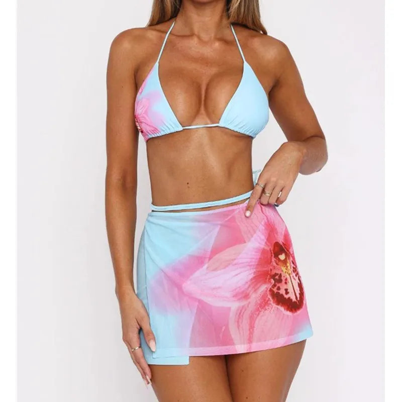 Women Bikini Swimsuit Skirt 2pcs Set Sexy Bathing Suits Ladies Flower Print Halter Tops and Mini Skirt 2Pcs Swimwear Beachwear