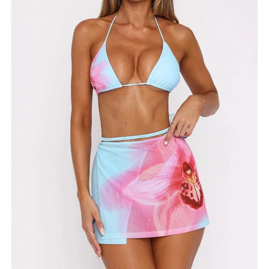 Women Bikini Swimsuit Skirt 2pcs Set Sexy Bathing Suits Ladies Flower Print Halter Tops and Mini Skirt 2Pcs Swimwear Beachwear
