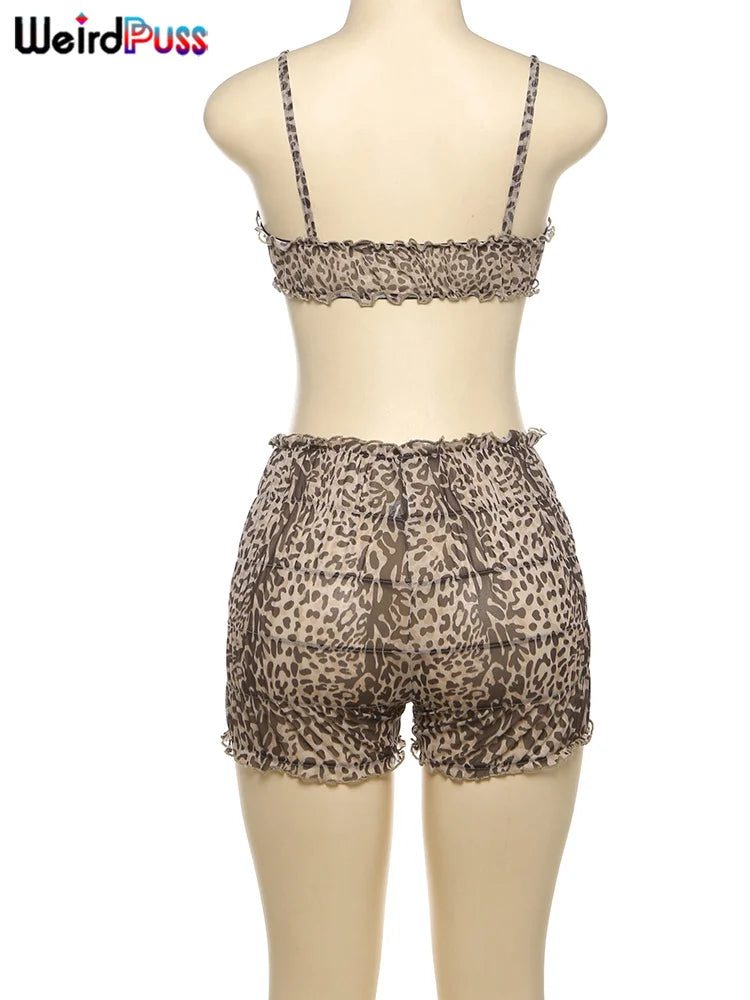 Weird Puss Leopard Print Women 2 Piece Set Sexy See Through Summer Ruffles Camisole+Shorts Vacation Matching Clubwear Outfits