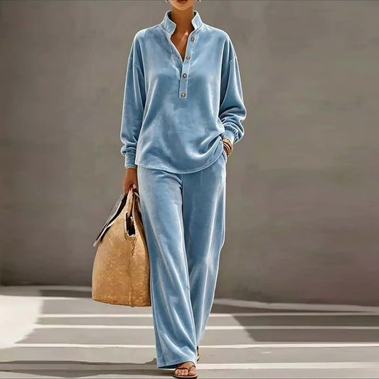 Autumn Winter Solid Soft Velvet 2 Piece Set Women Fashion Stand Neck Button Blouses High Waist Pants Sets Long Sleeve Warm Suits