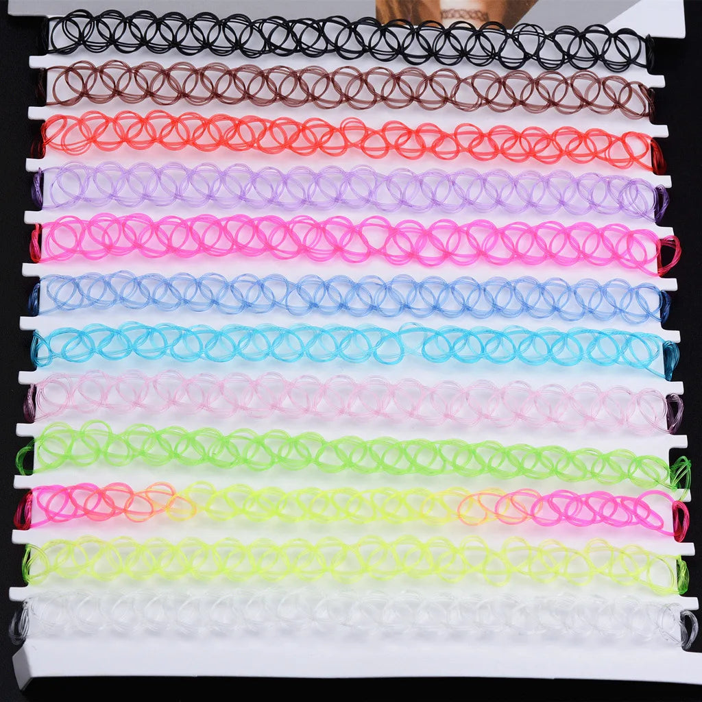 Choker Tattoo Necklace for Girls Gothic Chokers Necklaces for Women Elastic Hollow Punk Jewellery 12 pcs/Set