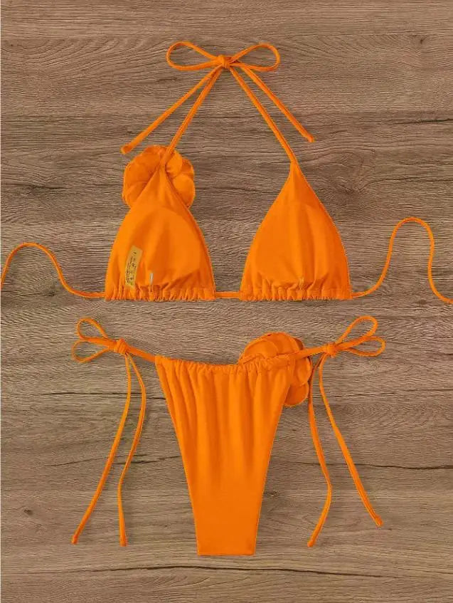 S - L Sexy 3D Flowers Halter Strappy Bikini, Swimwear Swimsuit Two-pieces Bikini Set Bather Bathing Suit Swim