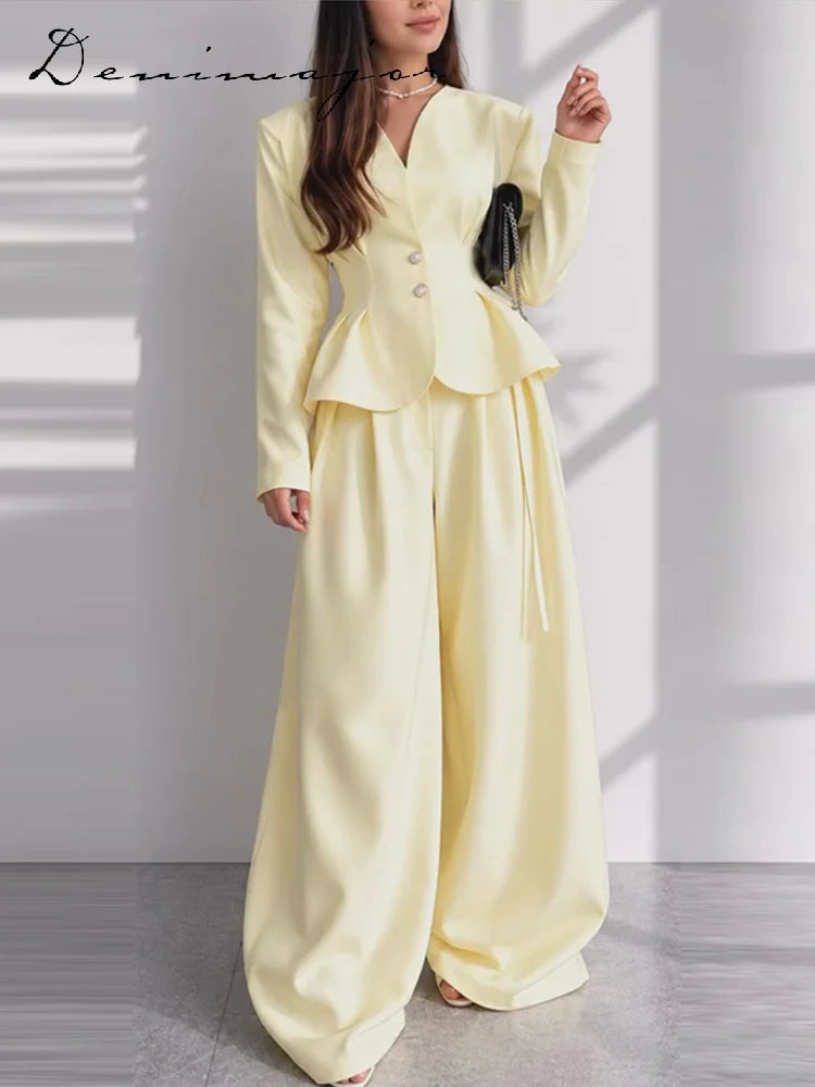 Fashion Solid Two-Piece Set Women V-Neck Ruffle Hem Waist-cinching Coats Bow Lace Up Wide Leg Pants 2026 Autumn New Lady Outfit