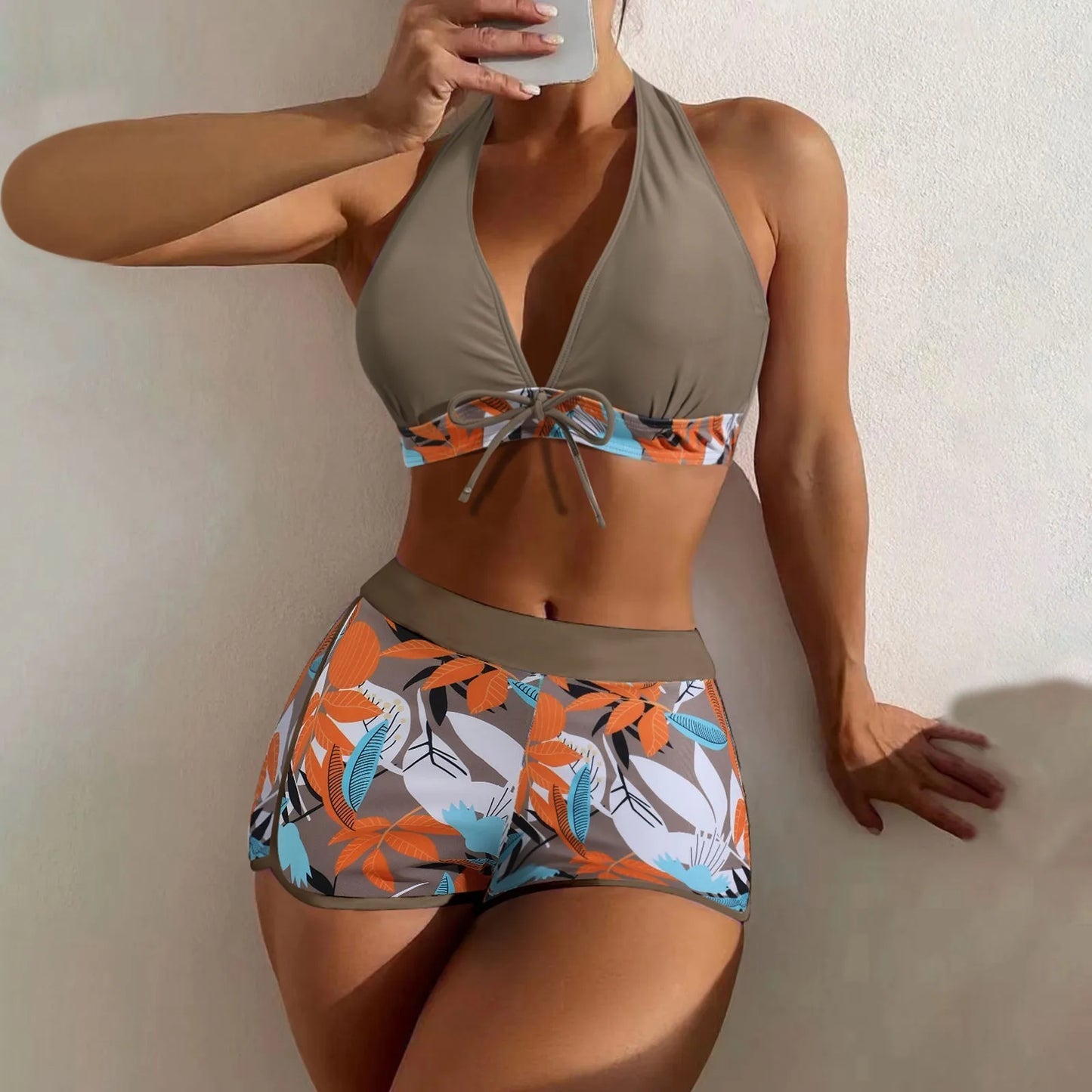 Shorts Bikinis Set  High Waist Swimsuit Women Swimwear  Plant Print Bathers Bathing Swim Suit Beachwear