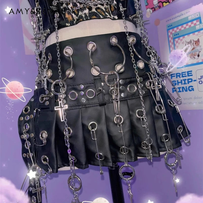 Original European American Women's Clothing New Punk Big PU Leather Belt Pleated Skirt Sexy Sweet Cool Locomotive Skirts Female