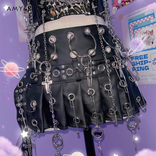 Original European American Women's Clothing New Punk Big PU Leather Belt Pleated Skirt Sexy Sweet Cool Locomotive Skirts Female
