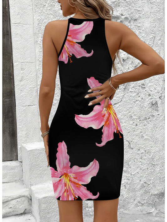 Women's Floral Print Camisole Dress Casual Summer Elegance round Neck Sleeveless Mid-Length Skirt