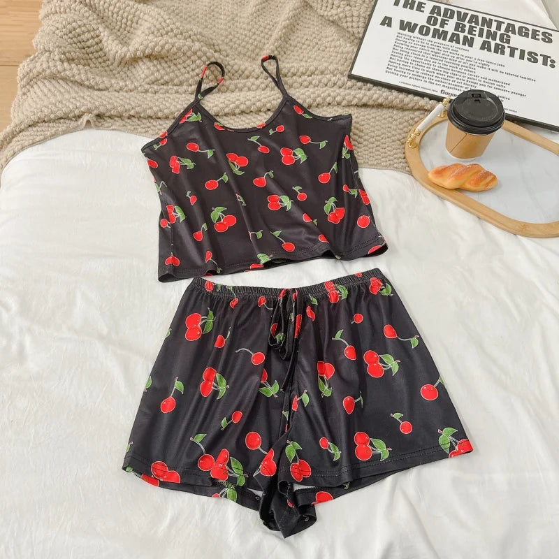 Women's Summer Printed Cami Sleeveless Top and Shorts Pajama Sets Female Soft Breathbale Nightwear Adjustable Belt Sleepwear New