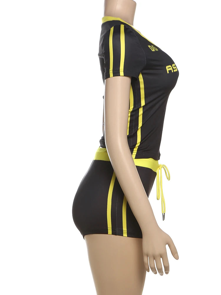 Sisterlinda Casual Summer 2 Piece Set Letter Print Crew Neck Short Sleeve T-shirts+Drawstring Slim Mini Bottoms, lady's Tracksuit