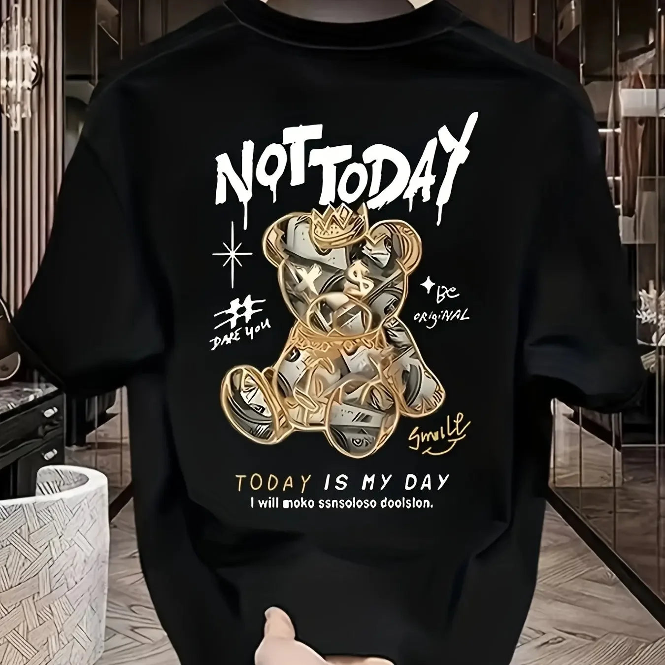 Men's summer 100% pure cotton fashionable casual loose cartoon bear pattern printed short-sleeved T-shirt top