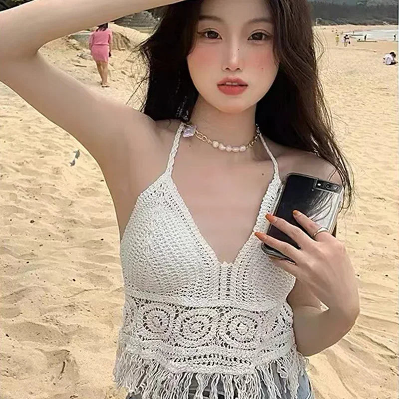 Sexy Boho Beach Holiday Camisole Halter Women Crochet Knit Swimsuit Bra Backless Vest Hollow Tassel Tank Top Women's Crop Tops