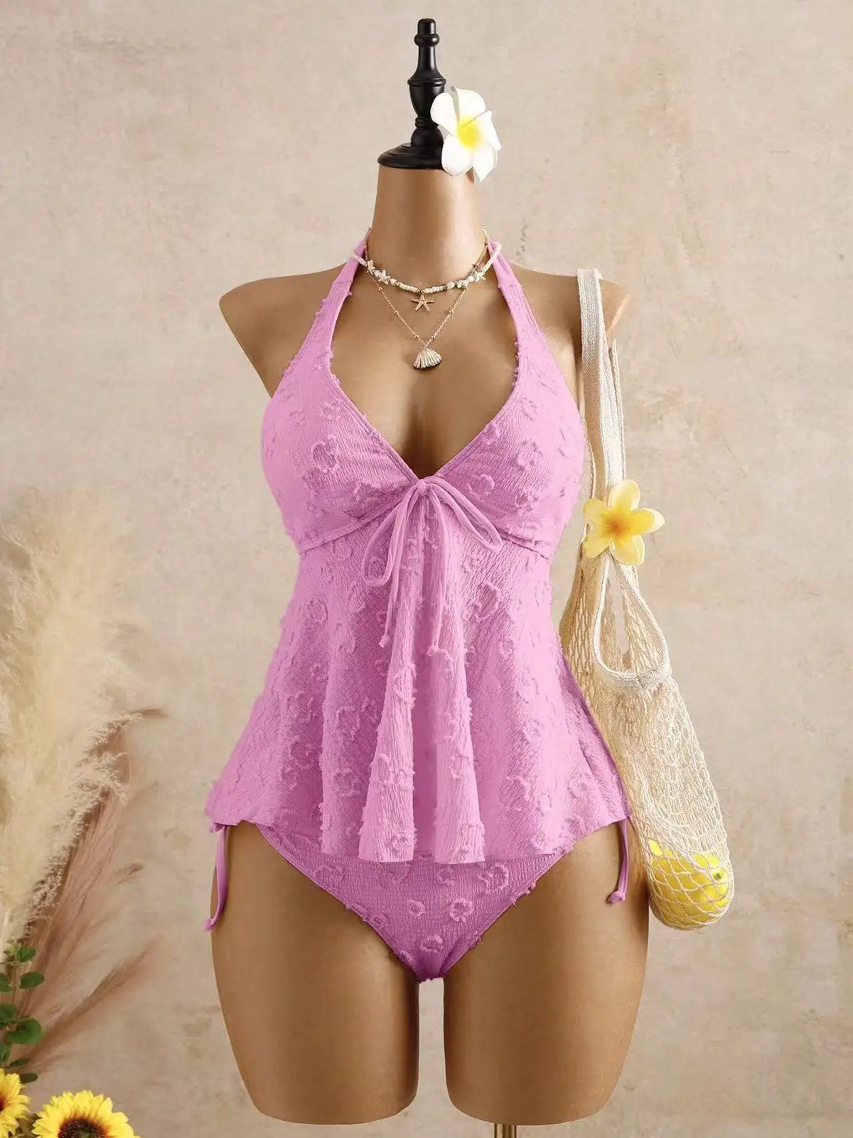 Sexy Front Tie Bikini Set 2026 Pink White V Neck Tank Top Tie Side Thong Swimsuit Summer Bathing Suit Holiday Two Piece Swimwear