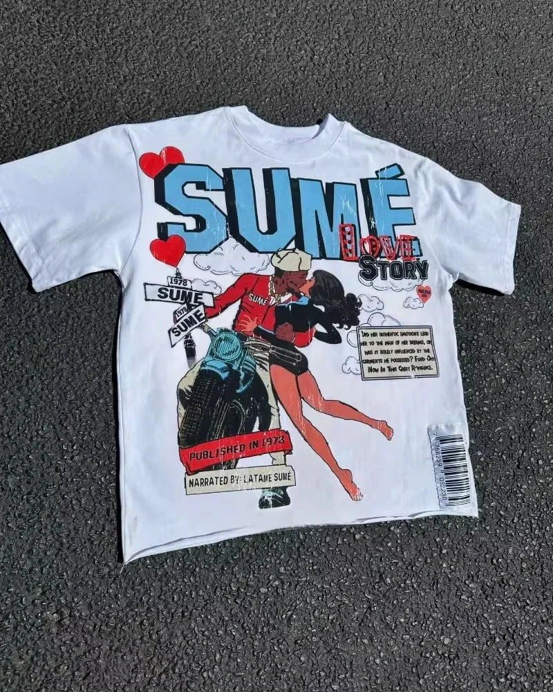 High Street Retro Fashion Anime Letter Print T-shirt for Men Y2k Goth Harajuku Hip Hop Fashion Couple Casual Oversized Shirt