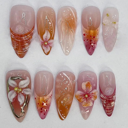 24pcs Short Almond French Press on Nails Ins Flower Design Fake Nail Tips Wearable Full Cover Sweet Korean Cute Fake Nail Patch