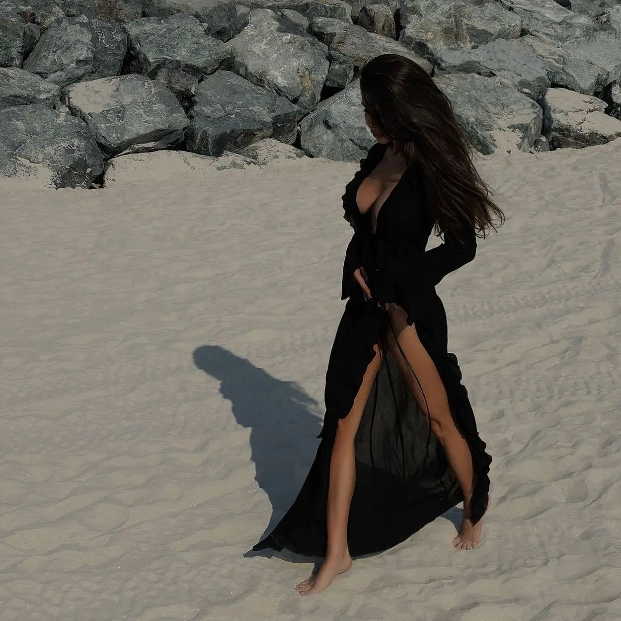 Long Sleeve Sunscreen Beachwear Womens Clothing Sexy V Neck Ruffled Black White New Chiffon Tunic Beach Cover Up Cover-ups Dress