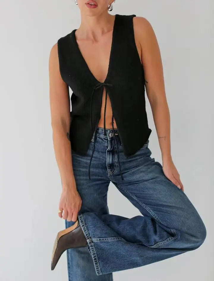Nsauye 2024 Fashion Summer Y2K Crop Tops Women Knitted Sleeveless Cardigans Tops Outer Wear Sexy Club Lace Up Vest Tank Tops