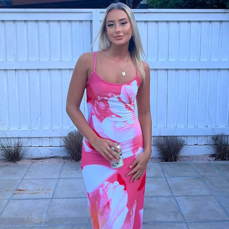 Elegant Printed Backless Long Dress Summer Women's Fashion Contrast Color Party Dress Patchwork Suspender Long Dress 2024 New