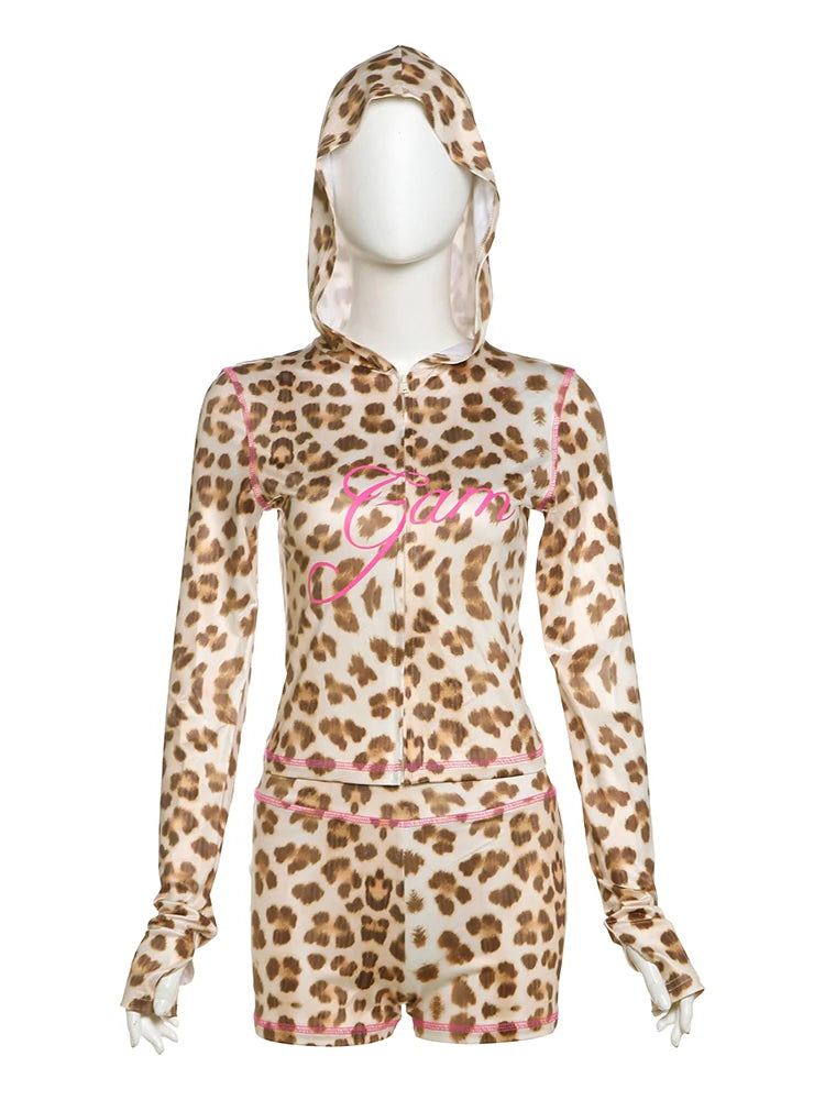 Weird Puss Letter Print Women Tracksuit 2Piece Set Leopard Zip Hooded Jacket+Biker Shorts Matching Street Stretch Activity Suits