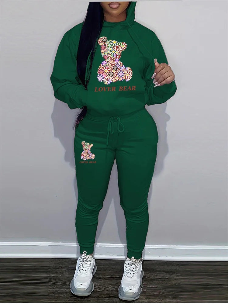 Women's Hoodies Sets Pants Suit 2 Piece Outfits 2025 New Letter Print Bear Aesthetics Sweatshirt and Sweatpants Womens Tracksuit